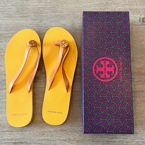 Tory Burch Flip Flops brand new with box size 9 yams/golden citrus